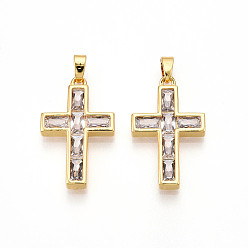 Настоящее золото 18K Латунные микро проложить кубического циркония подвески, без кадмия и без свинца, крест прелести, реальный 18 k позолоченный, 25x15x3 мм, отверстие : 5x2.5 мм