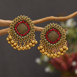 Красный Серьги-люстры из сплава с цветком, античная бронза, красные, 40x38 мм