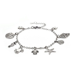 Platinum Brass Charm Anklets, with Alloy Charms and Stainless Steel Findings, Ocean Theme, Mixed Color, 9-1/4 inch(23.5cm), 0.8~2.8mm