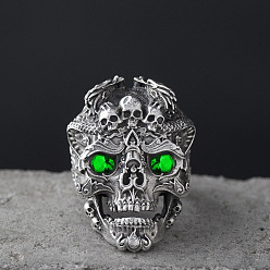 Emerald Alloy Men's Finger Rings with Rhinestone, Skull, Emerald, US Size 9(18.9mm)