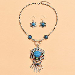 Темно-Голубой Комплект из ожерелья и сережек с подвеской из цинкового сплава и смолы в этническом стиле с цветочным бохо-стилем, глубокое синее небо, 500 мм
