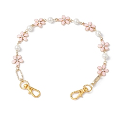 Pink Flower Zinc Alloy Enamel Crystal Rhinestone with Glass Pearl Bead Link Chain Bag Decorative Chains, with Alloy Swivel Clasps, Bag Replacement Accessories, Golden, Pink, 351mm