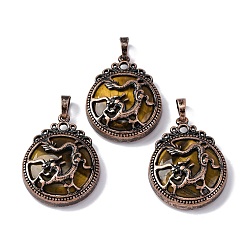 Тигровый глаз Природных тигровый глаз подвески, плоские круглые латунные подвески, без свинца и без кадмия, 34.5x27x8 мм, отверстие : 6.5x5 мм