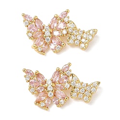 Настоящее золото 18K Латунные микро проложить кубического циркония подвески, очарование бабочки, розовые и ясные, реальный 18 k позолоченный, 12x22x3 мм, отверстие : 1.4 мм