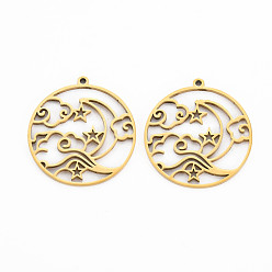 Real 18K Gold Plated 201 Stainless Steel Pendants, Ring with Star & Moon, Real 18K Gold Plated, 30x28x1.5mm, Hole: 1.5mm