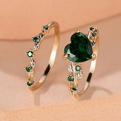 Темно-Зеленый Кольца из сплава в форме сердца для женщин, с кубического циркония, темно-зеленый, размер США 8 (18.1 мм), 2 шт / комплект