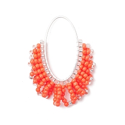 Оранжево-Красный Стеклянные подвески из бисера, овальные амулеты, с латунными связывая колец, серебряные, оранжево-красный, 40x29~29.5x4 мм, отверстие : 28x14 мм