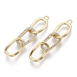Настоящее золото 18K Большие подвески из латуни с микропейвом и прозрачным фианитом, овальные цепи бордюров, без никеля , реальный 18 k позолоченный, 29x6.5 мм, отверстие : 1 мм