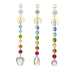 Mixed Color AB Color Glass Heart Teardrop Round Hanging Suncatcher Pendant Decoration, with Glass Octagon Bead and Brass Sun & Moon Link, for Home Decorations, Mixed Color, 206~223mm, 3pcs/set
