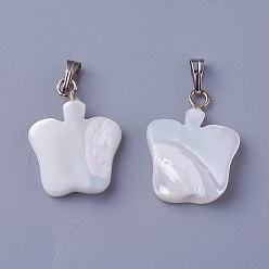 Shell Shell Pendants, with Brass Findings, Apple, Platinum, 19.8~20.5x14~15x2~3.5mm, Hole: 1.5~2.5x5~6mm