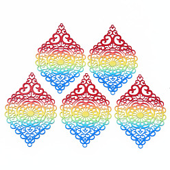 Colorful 430 Stainless Steel Chandelier Components Links, Filigree Joiners, Spray Painted, Etched Metal Embellishments, Rhombus, Colorful, 57.5x37.5x0.5mm, Hole: 2mm and 1.2mm