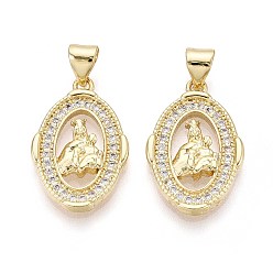 Настоящее золото 16K Латунные микро проложить кубического циркония подвески, овальные с рисунками " virgin mary", реальный 16 k позолоченный, 21x14x2.5 мм, отверстие : 3x5 мм