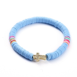 Light Sky Blue Handmade Polymer Clay Heishi Bead Stretch Bracelets, with Cross Brass Micro Pave Clear Cubic Zirconia Beads, Light Sky Blue, 2-1/4 inch(5.7cm)