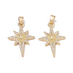 Golden Brass Micro Pave Clear Cubic Zirconia Pendants, Star Charms, Golden, 24x17x2.5mm, Hole: 3x4mm