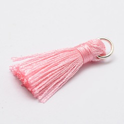 Pink Nylon Tassels Pendant Decorations, with Alloy Findings, Pink, Platinum, 31x7mm, Hole: 2mm