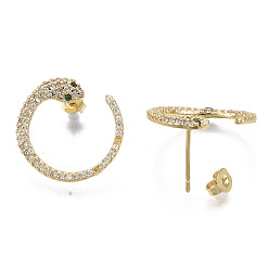 Real 16K Gold Plated Brass Micro Pave Cubic Zirconia Stud Earrings, Half Hoop Earrings, with Earring Backs, Nickel Free, Snake, Clear, Real 16K Gold Plated, 18x20mm, Pin: 1mm
