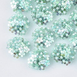 Turquoise Cabochons paillette pvc, perles de cluster, avec des perles de rocaille en verre et des réglages de disques perforés en laiton plaqué or, fleur, turquoise, 20~23x10~11mm