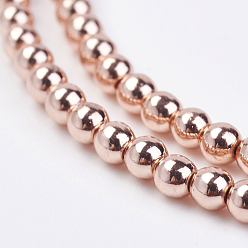 Гальванический Розовый Золотой Немагнитные нити шарик синтетический гематит, круглые, покрытием из розового золота, 3 мм, отверстие : 0.5 мм, около 135 шт / нитка, 15.7 дюйм