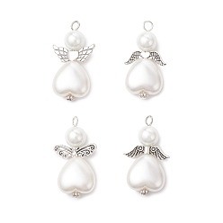 Белый 4 шт. 4 стили АБС-пластик имитация жемчуга и стеклянные жемчужины подвески, ангельское очарование, с петлей из античного серебряного сплава и платинового железа, белые, 37~38x18~22x10 мм, отверстие : 3~3.5 мм, 1 шт / стиль