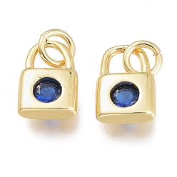 Marine Blue Brass Micro Pave Cubic Zirconia Charms, with Jump Ring, Lock, Golden, Marine Blue, 8.5x5.5x2.5mm, Hole: 1.5mm, Jump rings: 3.5x0.8mm