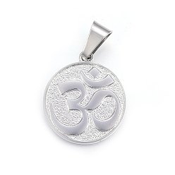 Stainless Steel Color Non-Tarnish 304 Stainless Steel Pendants, Flat Round with Om Symbol, Stainless Steel Color, 28.5x25x2.5mm, Hole: 11x6mm