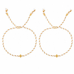 White Brass Religion Cross Beads Braided Cotton Cord Bracelet Sets for Women Men, Adjustable Stackable Bracelets, Golden, White, 11.02 inch(28cm), 2pcs/set