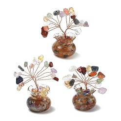 Mixed Stone Natural Mixed Stone Chips Tree of Life Decorations, with Glass Pot Base & Copper Wire, Feng Shui Energy Stone Gift for Home Desktop Decoration, 26x52~56mm
