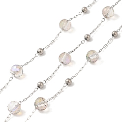 Stainless Steel Color Glass Rondelle Beaded Chains, with 304 Stainless Steel Satellite Chains, Soldered, with Spool, Stainless Steel Color, 6x4.5mm, 3x2.5mm