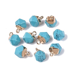 Synthetic Turquoise Dyed Synthetic Turquoise Pendants, Polygon Charms, with Golden Tone Brass Loops, Sky Blue, 11.5~14x7~9.5x7~9.5mm, Hole: 1.6~1.8mm