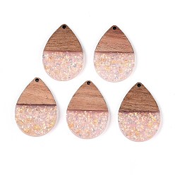 Розовый Подвески из непрозрачной смолы и орехового дерева, слезинки, с блестящей пудрой и золотой фольгой, туманная роза, 36x24.5x3~3.5 мм, отверстие : 2 мм