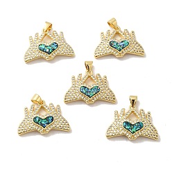 Real 18K Gold Plated Rack Plating Brass Micro Pave Cubic Zirconia Pendants, with Synthetic Opal, with Jump Ring, Lead Free & Cadmium Free, Long-Lasting Plated, Hand with Heart, Real 18K Gold Plated, 17.5x24.5x4.5mm, Hole: 5x3.6mm
