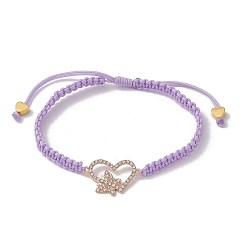 Lilac Alloy Rhinestone Heart Link Bracelet, Nylon Thread Braided Adjustable Bracelet, Lilac, Inner Diameter: 2-1/8~3-3/8 inch(5.5~8.6cm)