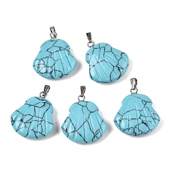 Синтетическая Бирюза Синтетические бирюзовые подвески, подвески в форме ракушек с платиновым покрытием, застегивающиеся на петли из металла, 24.5x20.5~21x5.5~6 мм, отверстие : 2x5.5 мм