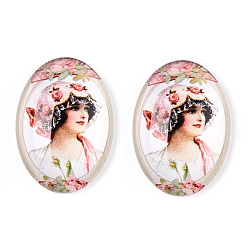 Pink Кабошоны из стекла, с рисунком в европейском стиле, овальные, розовые, 25x18x6 мм