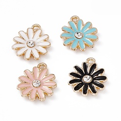 Mixed Color Alloy Rhinestone Pendants, Enamel Style, Light Gold, Chrysanthemum Charm, Mixed Color, 17x14x2.5mm, Hole: 1.5mm