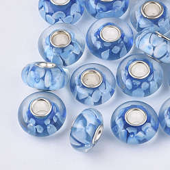 Dodger Blue Handmade Lampwork European Beads, Inner Flower, Large Hole Beads, with Silver Color Plated Brass Single Cores, Rondelle, Dodger Blue, 14x7.5mm, Hole: 4mm