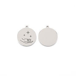 Stainless Steel Color 304 Stainless Steel Pendants, Flat Round with Star Pattern, Stainless Steel Color, 28x25x1.5mm, Hole: 2mm
