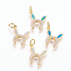 (52) Непрозрачная лаванда Латунные подвески с фианитами, с синтетическим опалом, кроличьи уши, золотые, разноцветные, 17x15x3 мм, отверстие : 4 мм