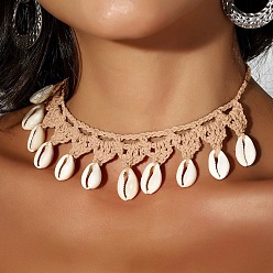 Персиковый Слойка Ожерелья-чокеры ручной работы из полиэстерового шнура в стиле бохо с кисточками из натуральных ракушек каури для женщин, розовые, 15.75~23.62 дюйм (40~60 см)