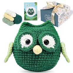 Green DIY 3D Owl Knitting Kits for Beginners, including Stuffing Cotton, Craft Eye & Nose, Cored Cotton Thread, Plastic Needle, Hot Melt Glue Stick, Instruction, Green, 15x15cm
