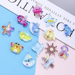 (52) Непрозрачная лаванда Подвески из прозрачной смолы на тему океана, с железной платиной петлей, разнообразные, разноцветные, 19~32.5x17~31x6.5~8.5 мм, отверстие : 2 мм