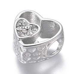 Кристалл 304 из нержавеющей стали европейские шарики, бусины с большим отверстием, со стразами, сердце, цвет нержавеющей стали, кристалл, 11x11.5x7.5 мм, отверстие : 4.5 мм