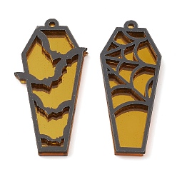 Yellow Opaque Acrylic Pendants, Coffin with Bat and Spider Web, for Halloween, Yellow, 47.5x20x3.5mm, Hole: 1.6mm, 2pcs/set