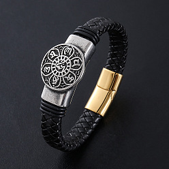 Античный Серебристый & Золотой Браслеты из плетеного шнура из искусственной кожи в стиле панк, 304 браслеты с круглыми подвесками из нержавеющей стали для мужчин, с магнитной застежкой, старинное серебро & золотой, 8.66 дюйм (22 см)