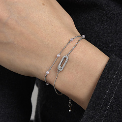 Серебро Латунные многорядные браслеты с цепочкой панциря, Браслеты с овальными звеньями для женщин, с фианитами и искусственным жемчугом, серебряные, внутренний диаметр: 6-1/4 дюйм (16 см)