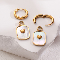 Oro 304 aretes colgantes de concha de acero inoxidable, Pendientes de aro rectangulares con forma de corazón, dorado, 32.2x12.8 mm