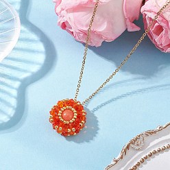 Машан Нефрит Кулон из натурального окрашенного машана и стеклянных бусин с плоским круглым плетением 304 ожерелья из нержавеющей стали, золотые, оранжево-красный, 17.60 дюйм (44.7 см)