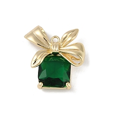 Изумруд Подвески из латуни со стразами на рождественскую тематику, без кадмия, без никеля и без свинца, коробка с бантом, золотые, изумруд, 20.5x17.5x7 мм, отверстие : 1.5 мм