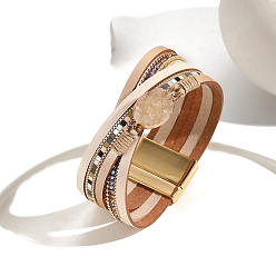 Розовый Плетеные многорядные браслеты из искусственной кожи для женщин, браслеты из натурального кварцевого кристалла с магнитными застежками, туманная роза, 7-5/8 дюйм (19.5 см)