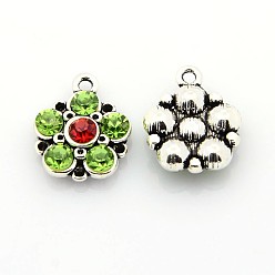 Перидот Антикварная посеребренные сплав горный хрусталь цветок кулоны, перидот, 19x16x5 мм, отверстие : 2 мм